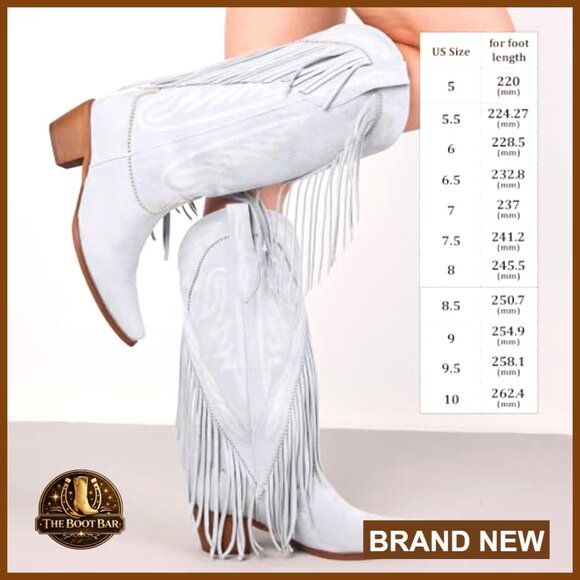 Retro Pointed Toe Pull On Block Heel Embroidered Tassel Cowgirl Boots - Picture 5 of 7